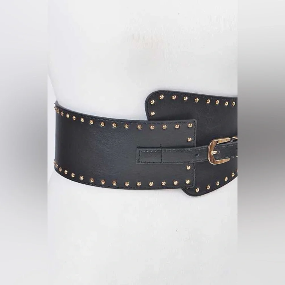 Black & Gold Vegan Leather Elastic Waist Corset Statement Belt